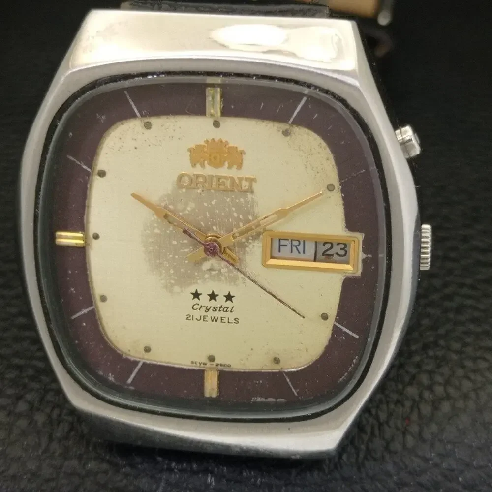 Vintage 1978 Square Orient Automatic Mens Silver Watch W/daydate & Gold accents